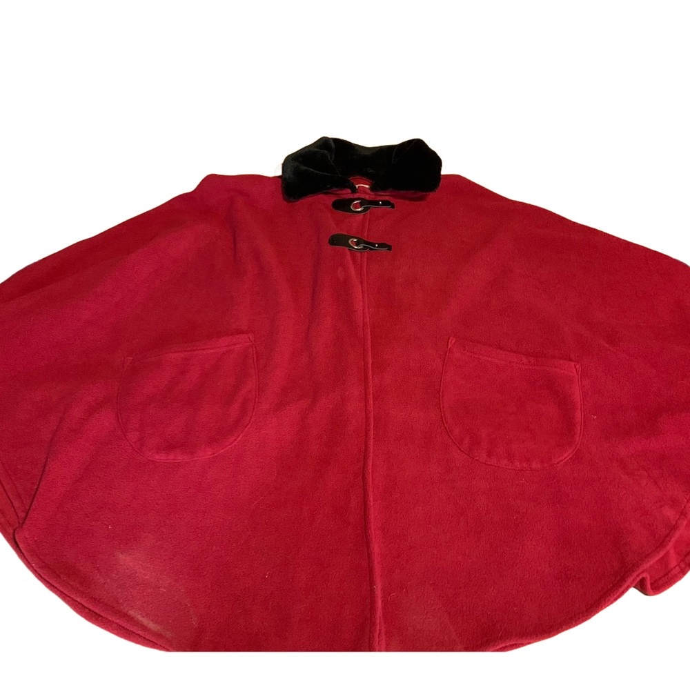 LE MODA RED FLEECE W/BLACK FAUX FUR COLLAR PONCHO (OSFM) - Picture 9 of 13